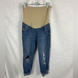 Indigo Blue Beige Panel Distressed Maternity Boyfriend Jeans